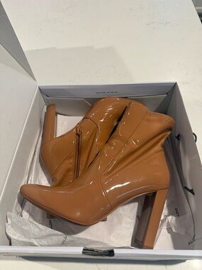 Aldo Patent Tan Pointed-Toe Block Heel Ankle Boots